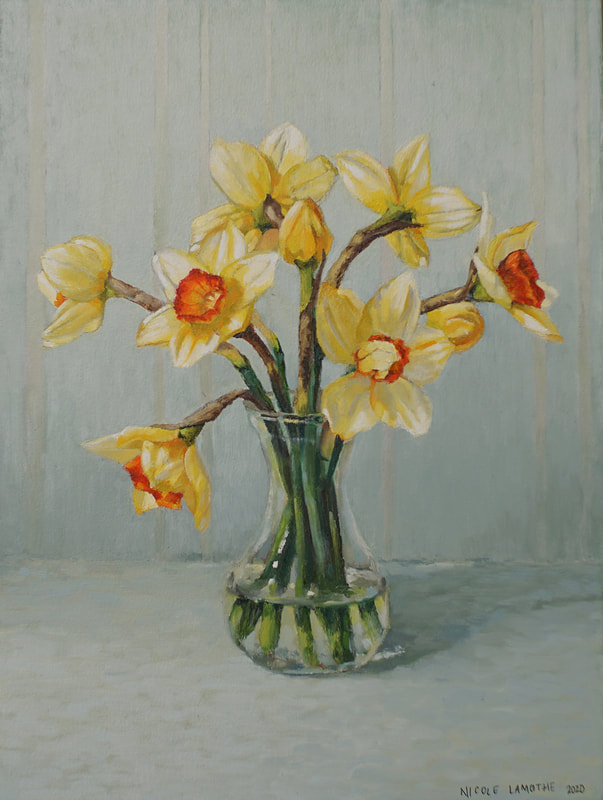 Realistic still life oil painting of Daffodil flowers
