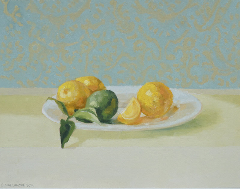 Still life oil painting, lemons and limes, blue and green, Nicole Lamothe
