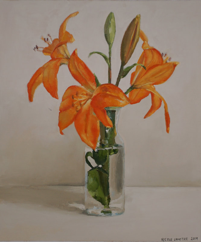 Realistic still life oil painting of lily flowers