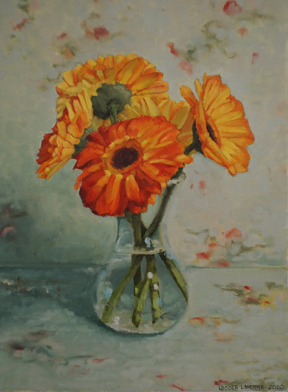 Realistic still life oil painting of Gerbera daisy flowers