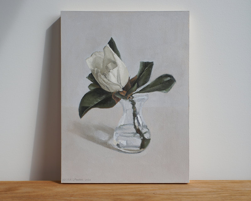 Realistic still life oil painting of a single Magnolia