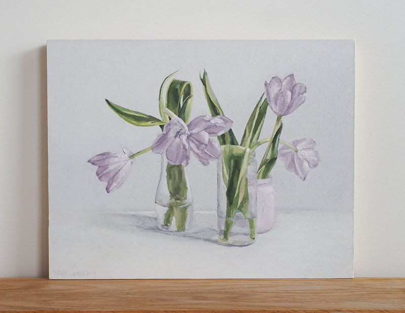 Realistic still life oil painting of pale purple tulips