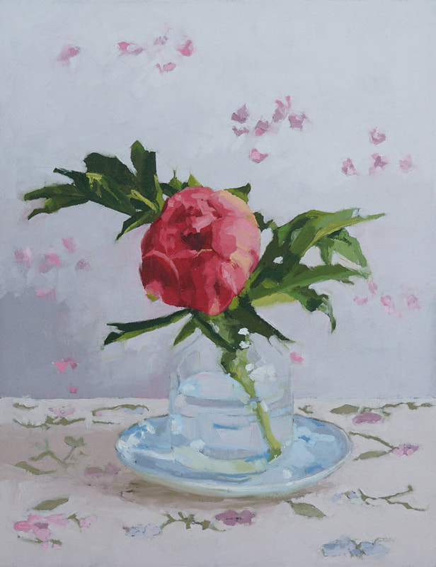 Painting of pink Peony, Still life oil painting, Nicole Lamothe