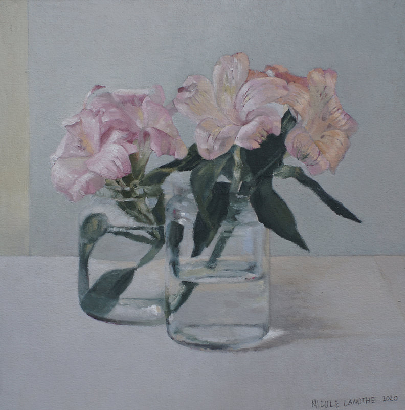 Realistic still life oil painting of Astra flowers