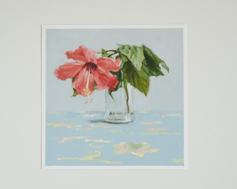 Still life floral oil painting, pink hibiscus, Nicole Lamothe