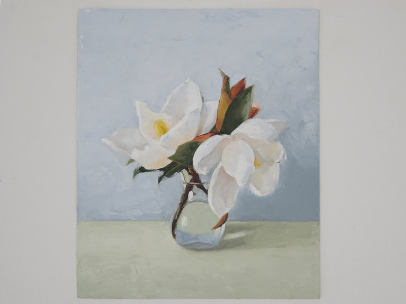 Oil painting of two white Magnolia blooms in a clear vase on a light green and light blue background