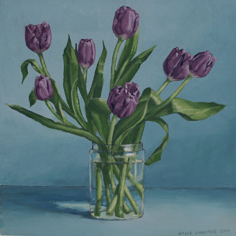 Small still life original oil painting, Purple Tulips, by Nicole Lamothe, Florida artist